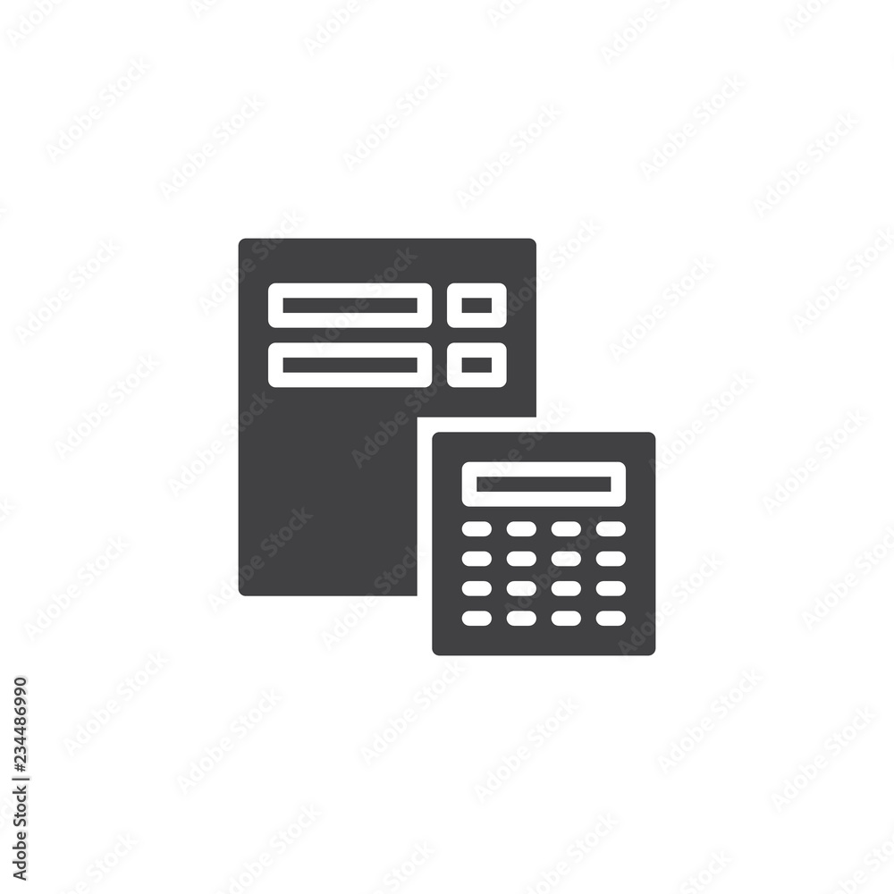 Calculator and financial document vector icon. filled flat sign for mobile concept and web design. Accounting doc simple solid icon. Symbol, logo illustration. Pixel perfect vector graphics Calculator and financial document vector icon. filled flat sign for mobile concept and web design. Accounting doc simple solid icon. Symbol, logo illustration. Pixel perfect vector graphics