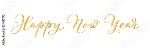 Happy New Year calligraphy isolated on white background. Golden hand drawn text