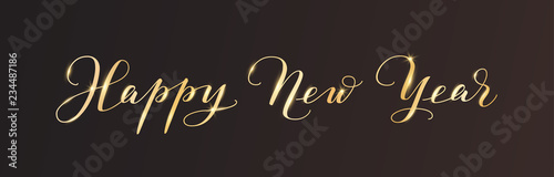 Happy New Year calligraphy on black background. Golden hand drawn text