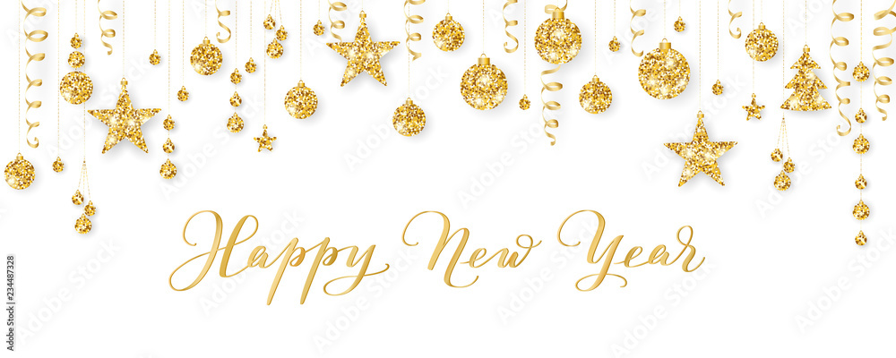 Banner with Happy New Year calligraphy. Christmas golden glitter decoration on a string