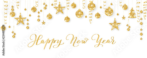 Banner with Happy New Year calligraphy. Christmas golden glitter decoration on a string