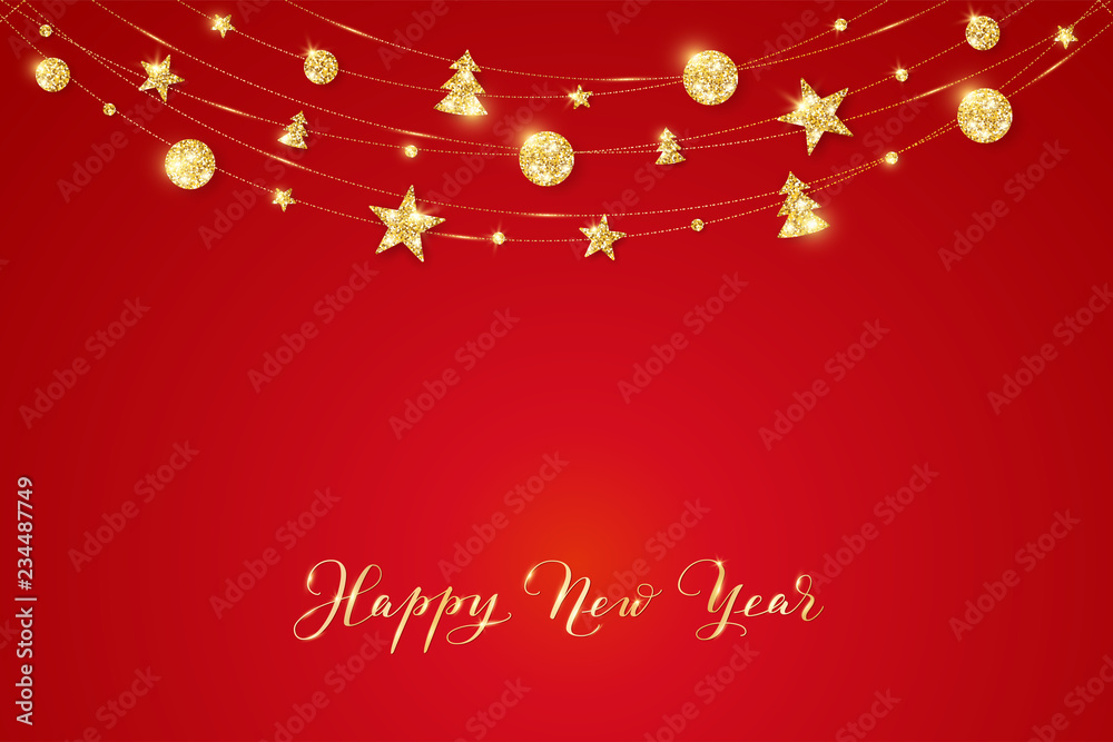 Banner with Happy New Year calligraphy. Christmas golden glitter decoration on a string