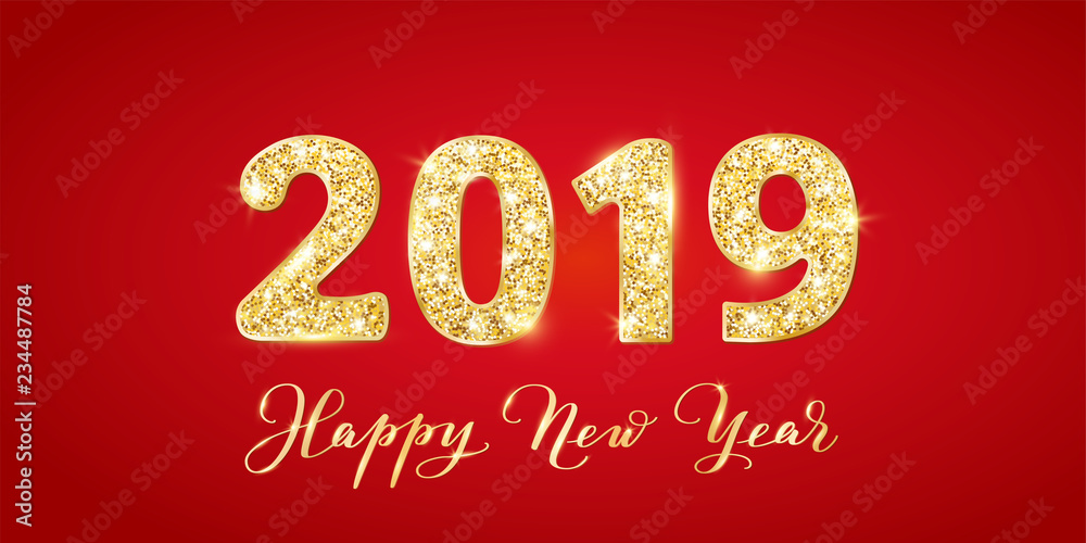2019 glitter typography design. Happy New Year text, calligraphy. Golden sparkling numbers on red background 2019 glitter typography design. Happy New Year text, calligraphy. Golden sparkling numbers on red background