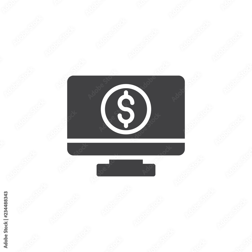 Computer monitor and dollar vector icon. filled flat sign for mobile concept and web design. Internet banking simple solid icon. Symbol, logo illustration. Pixel perfect vector graphics