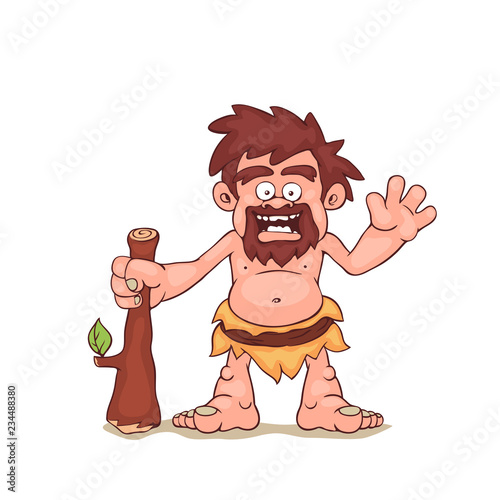 Caveman smiles. Barbarian isolated on white background. Front view. Vector illustration, eps 10.