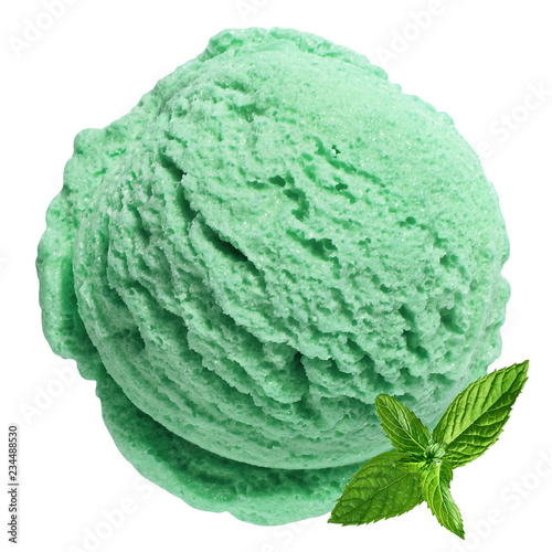 Scoop of green tea, mint or, pistachio ice cream isolated on white background