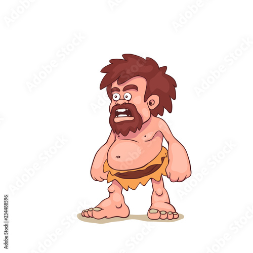 Caveman surprised. Barbarian isolated on white background. Three quarters view. Vector illustration, eps 10.