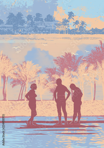 Beach vacation. Decorative background with people on the beach, palms and textures. A place for your text on a vacation and beach holiday. Vector illustration