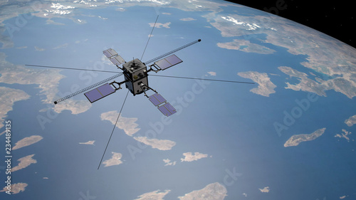 Satellite scientifico ARASE, in orbita intorno alla terra, 3D rendering, illustrazione photo