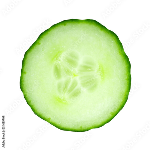 Fresh cucumber slice closeup isolated on white