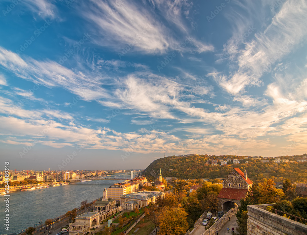 Amazing sky with picturesque clouds over Danube river and Buda hills in the central area of Budapest, Hungary