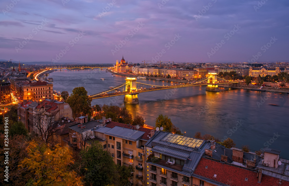 Amazing panoramic view of Budapest citylights from Castle Hill with Danube river, Chain Bridge and Parliament Building, Budapest, Hungary