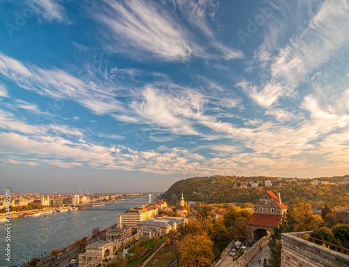 Amazing sky with picturesque clouds over Danube river and Buda hills in the central area of Budapest, Hungary