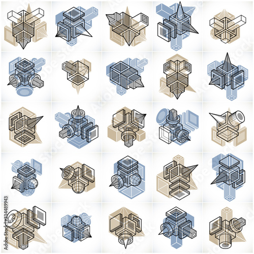 Engineering abstract geometric shapes, simple vectors set.