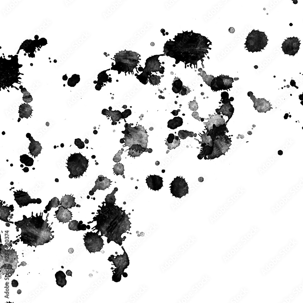 Fototapeta premium Isolated artistic black watercolor and ink splatter textures and decorative elements on white wall background.
