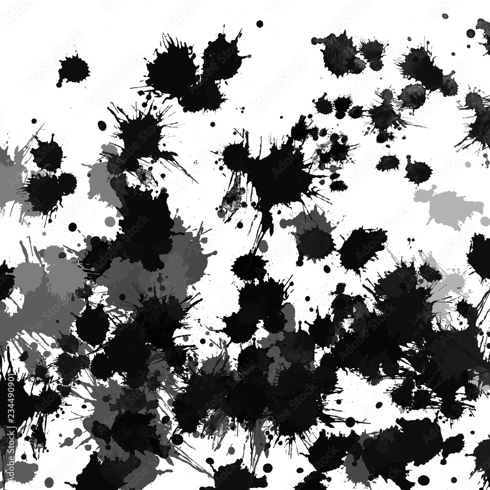  Isolated artistic black watercolor and ink splatter textures and decorative elements on white wall background.