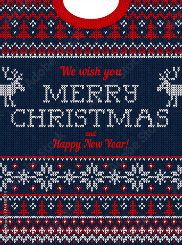 Ugly sweater Christmas party invite. Knitted background pattern scandinavian ornaments.