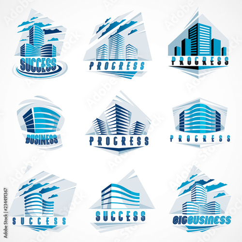Office buildings set, modern architecture vector illustrations collection. Real estate realty business center designs. 3D futuristic facades in big city. Can be used as a logos or icons.