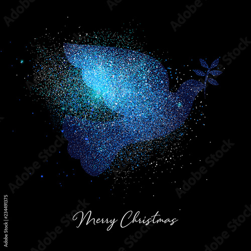 Merry Christmas blue glitter bird greeting card