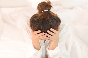 Brain diseases problem cause chronic severe headache migraine. Female adult look tired and stressed out depressed, having mental problem trouble, medical concept