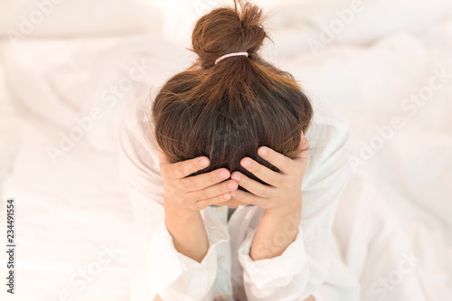 Brain diseases problem cause chronic severe headache migraine. Female adult look tired and stressed out depressed, having mental problem trouble, medical concept