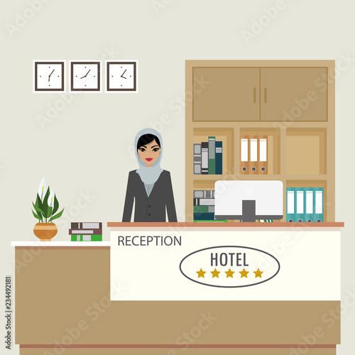 Reception interior with furniture and arabic woman receptionist employee.