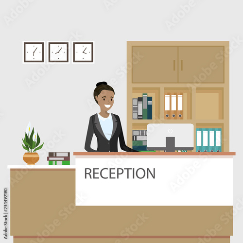 Reception interior with furniture and african american female receptionist employee.