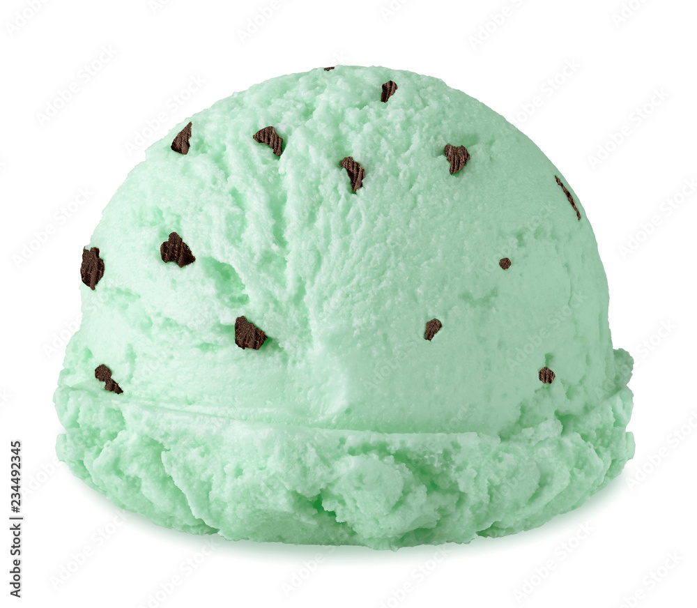 Mint ice cream scoop with broken chocolate chips from side view