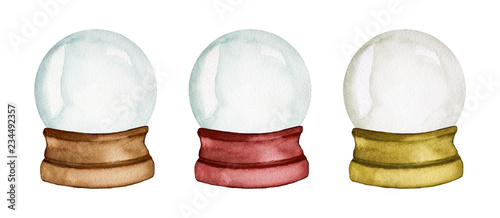 Set of tree empty snow globes. Watercolor hand drawn