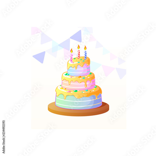 Delicious tier birthday cake with color fruit icing and burning candle, cartoon vector. Chocolate birthday cake with three tiers and burning candle.