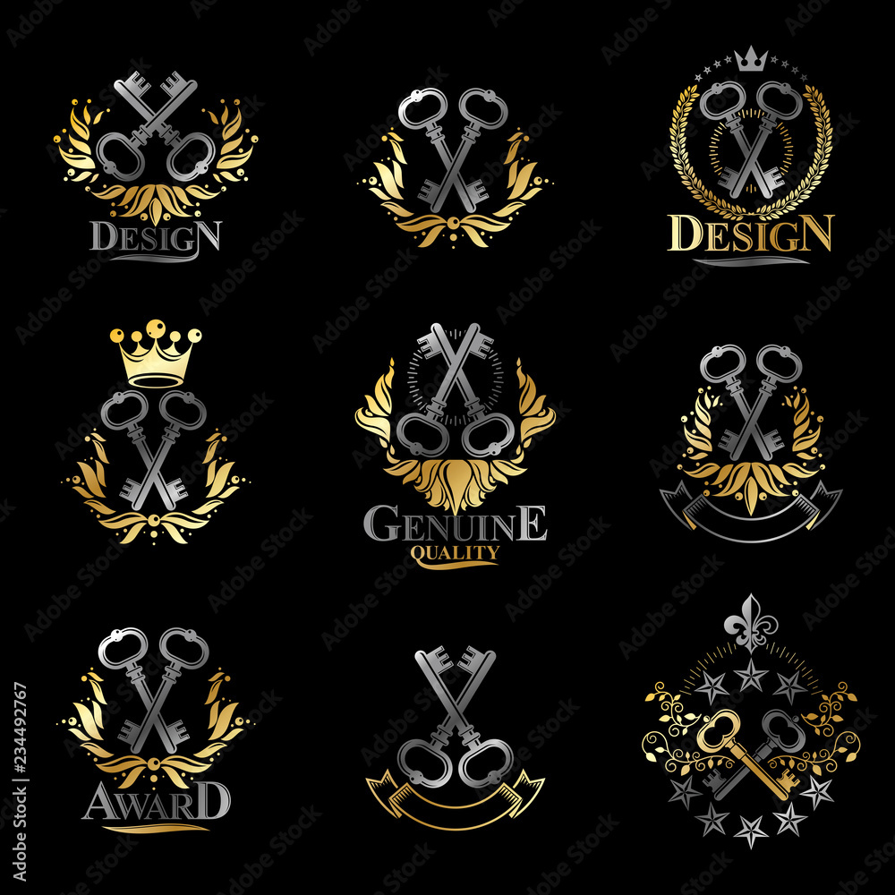 Old Turnkey Keys emblems set. Heraldic vector design elements collection. Retro style label, heraldry logo. Old Turnkey Keys emblems set. Heraldic vector design elements collection. Retro style label, heraldry logo.