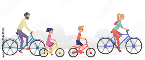 Parents with kids riding bicycles vector illustration.