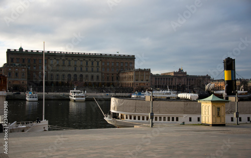 Canvas Print Commuting boats and Old steamboats at Blasieholmen island in stockholm
