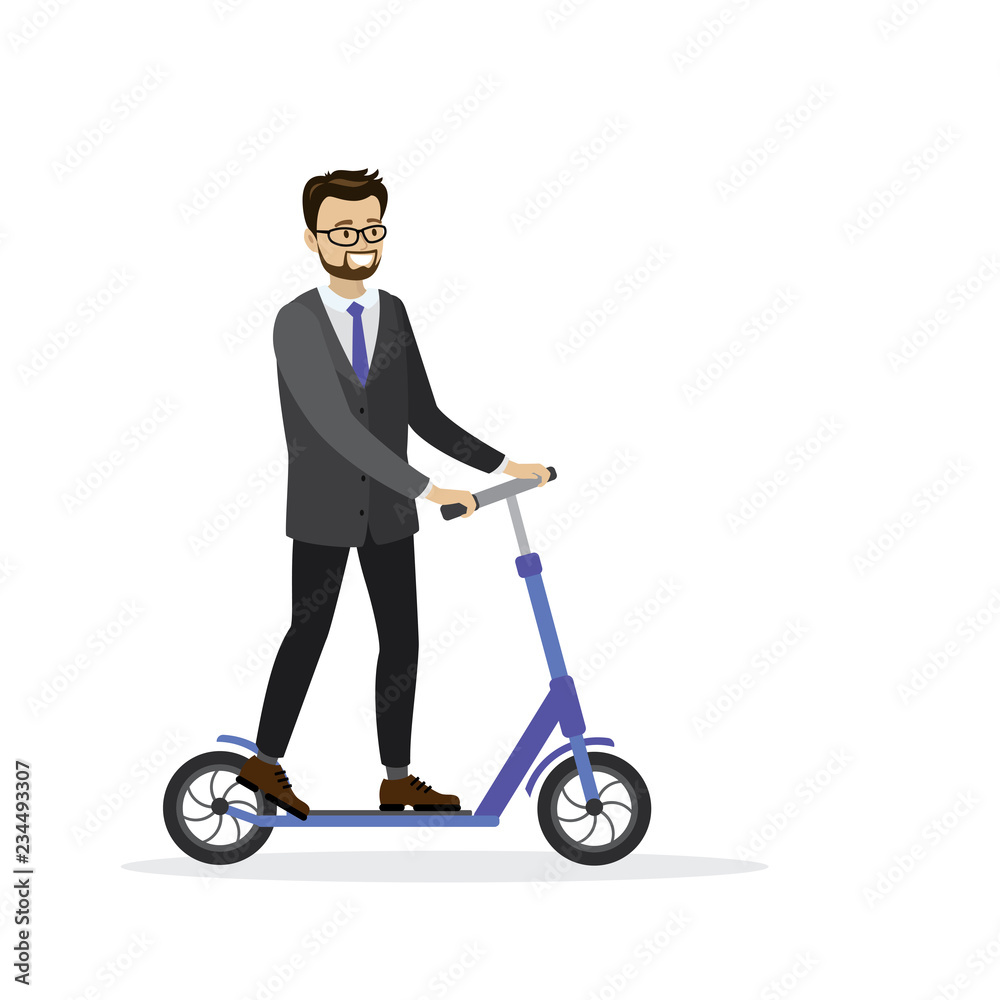 Business man riding on kick scooter to work
