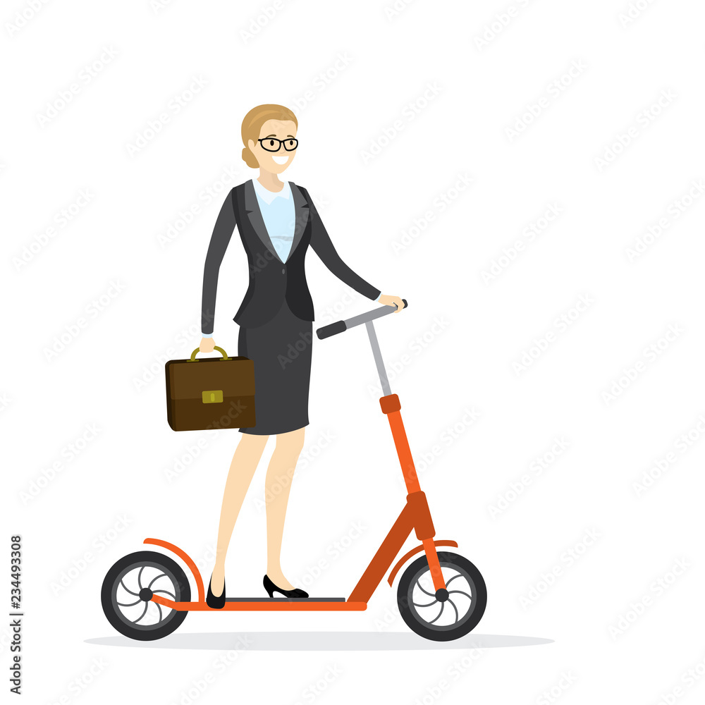 Businesswoman riding on kick scooter to work.