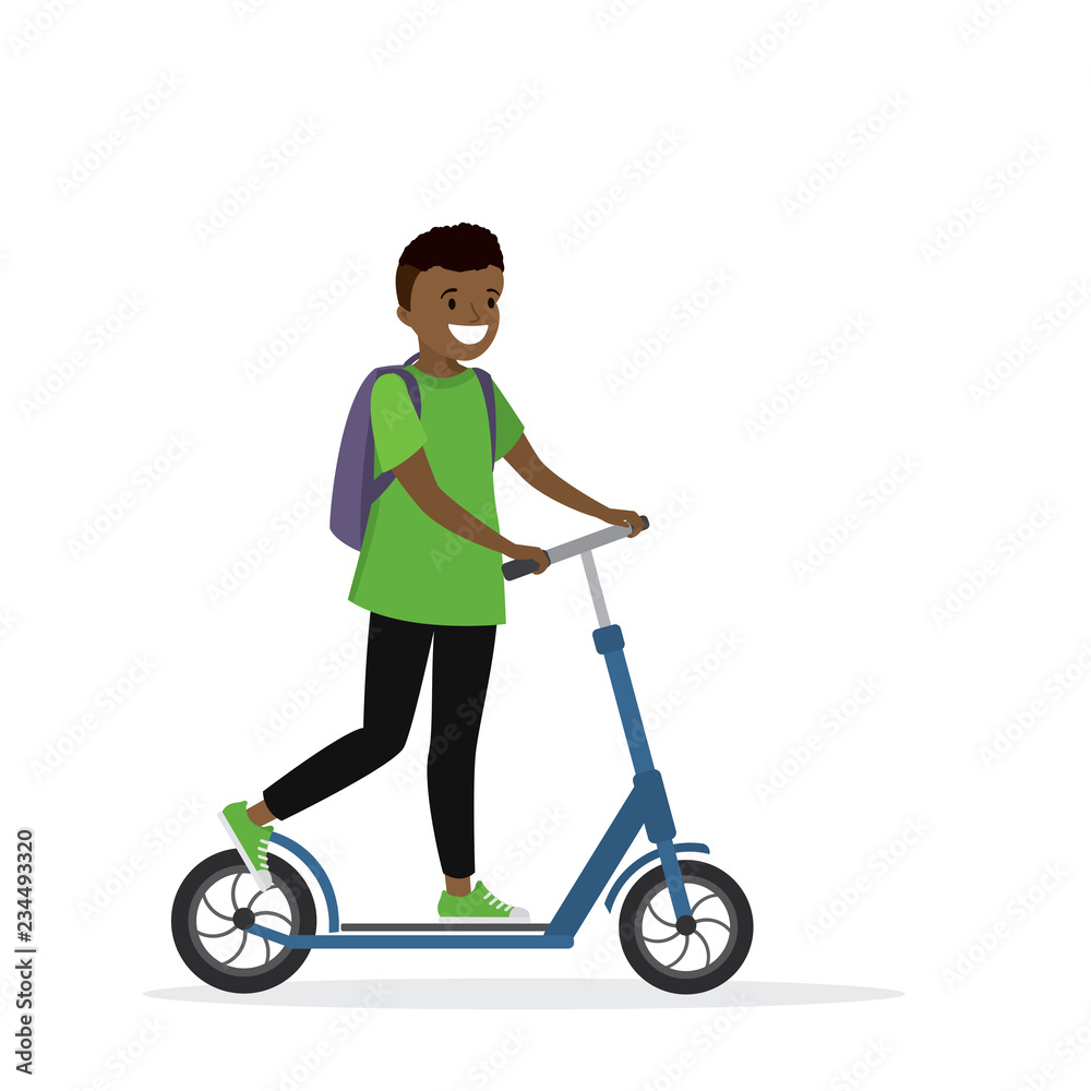 African american boy on a scooter,active teenager isolated on white background African american boy on a scooter,active teenager isolated on white background