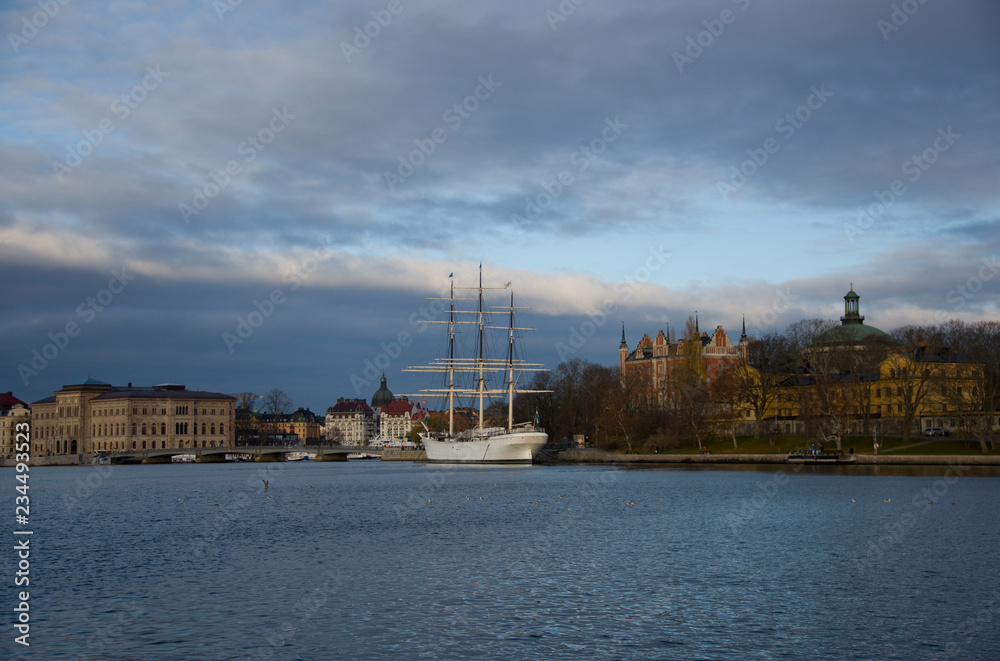 A full-rigger,  commuting boats and Old steamboats at Blasieholmen and Skeppsholmen islands in Stockholm