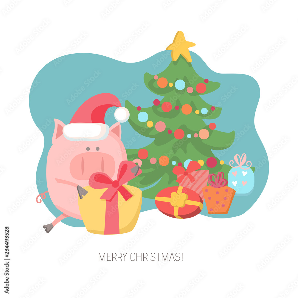 Naklejka premium Vector illustration of a cheerful pig with gift boxes near the Christmas tree with balls and toys on bright blue background. Flat character of a piggy for Chinese New Year card and poster design.