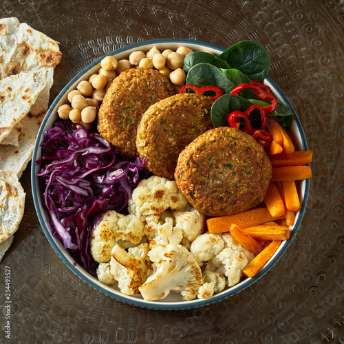 Top view of dish with cutlets and vegetables photo