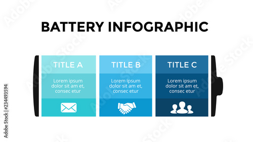 Vector battery infographic template. Presentation slide template. Business concept with 3 options, parts, steps, processes.