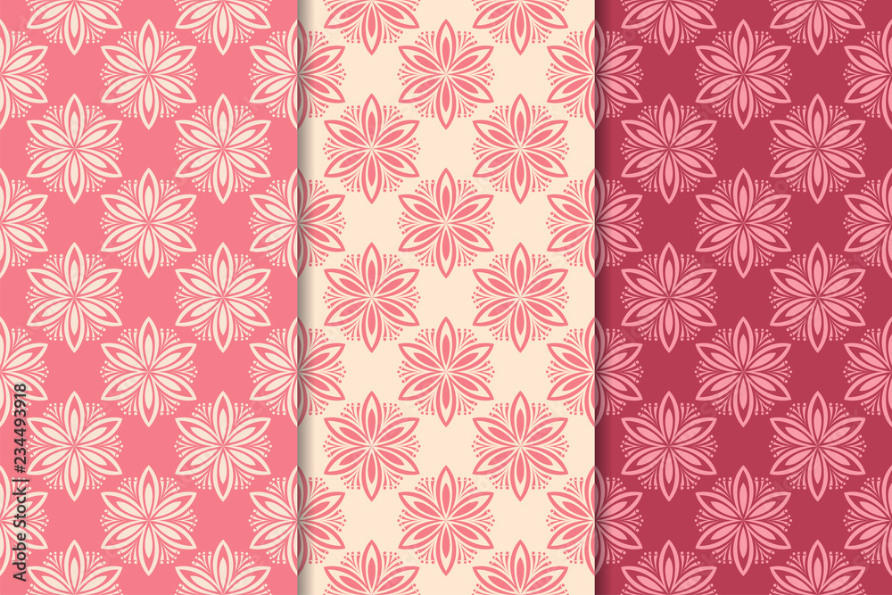 Set of cherry red floral designs. Vertical seamless patterns Set of cherry red floral designs. Vertical seamless patterns