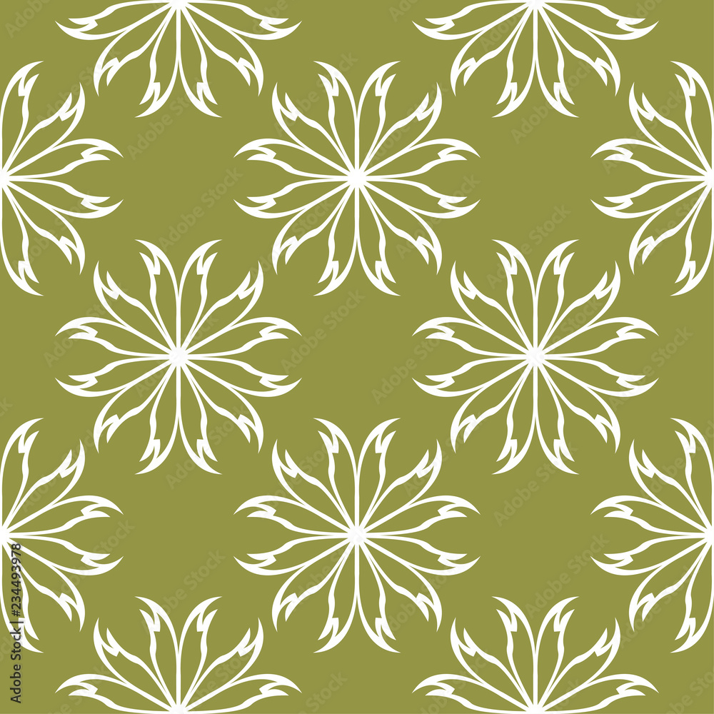 Fototapeta premium White floral seamless pattern on olive green background