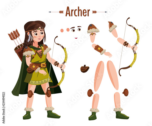 Medieval archer woman in armor, with bow in hand, cloak, attributes. For animation in games, applications. Vector, illustration, cartoon style, isolated