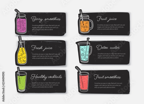 Bundle of banner templates or cards with smoothies, juices, detox water, cock...