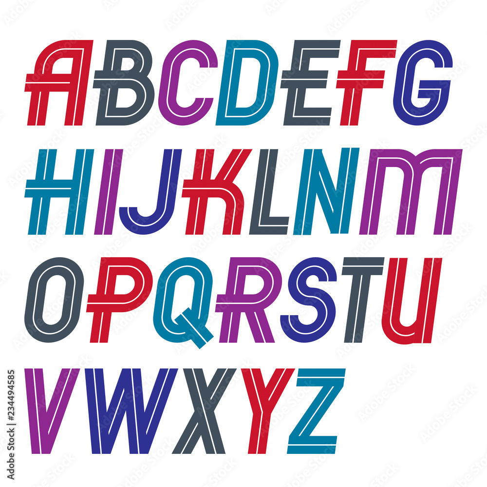 Set of vector regular upper case English alphabet letters made with white lines, for use as design elements for press and blogging.