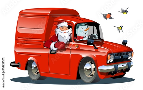 Cartoon retro New Year's van isolated on white background