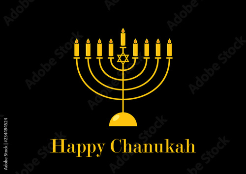 Happy Chanukah golden candlestick vector. Golden Menorah on a black background. Happy Chanukah greeting card. Jewish holiday Hanukkah. Important day