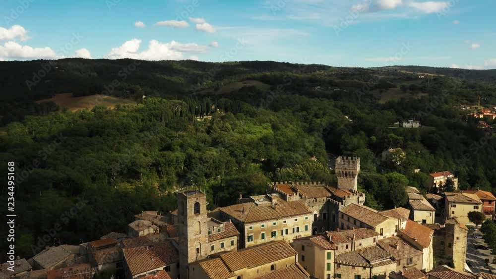 Aerial, little medieval town in Tuscany, San Casciano dei Bagni, Italy on a sunny day Aerial, little medieval town in Tuscany, San Casciano dei Bagni, Italy on a sunny day
