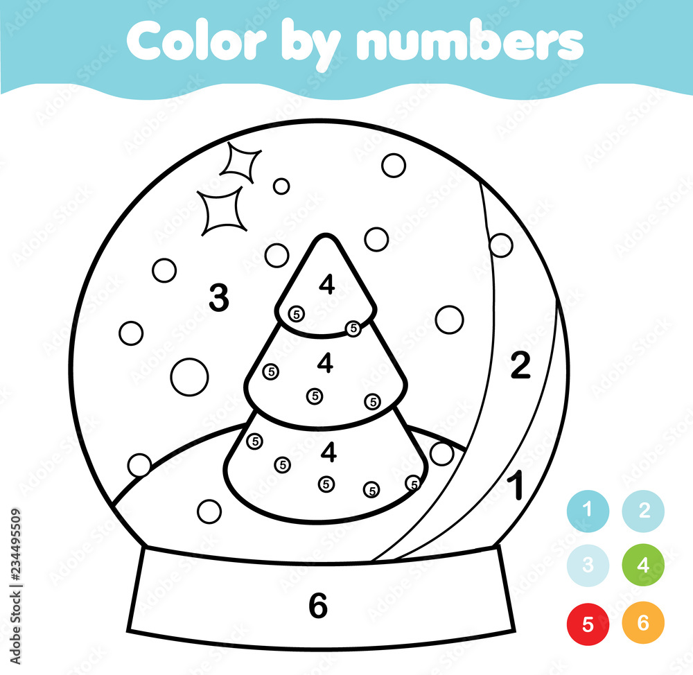 Color by numbers for kids. Educational game for children. Christmas snow  globe. Drawing kids printable activity. New Year holidays theme Stock  Vector