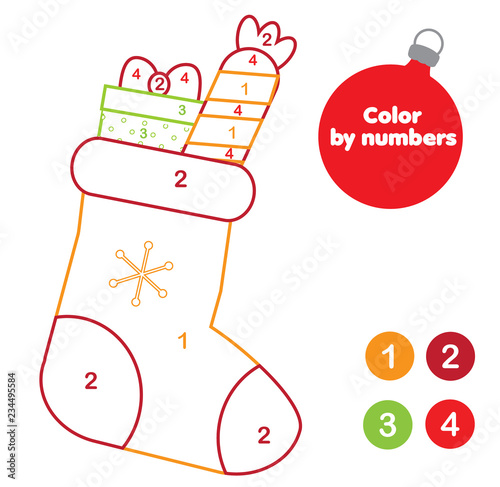 Christmas Color by numbers for kids. Educational game for children. Color Gift stocking. Drawing kids printable activity. New Year holidays theme